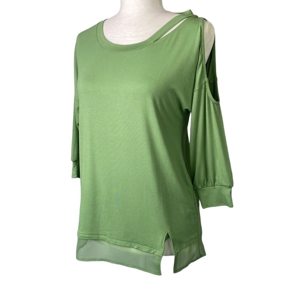 Brittany Humble One Side Cold-Shoulder Elbow Sleeve Knit Tunic Top Cut Out Olive